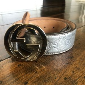 Gucci Silver Guccissima Leather Belt GG Buckle